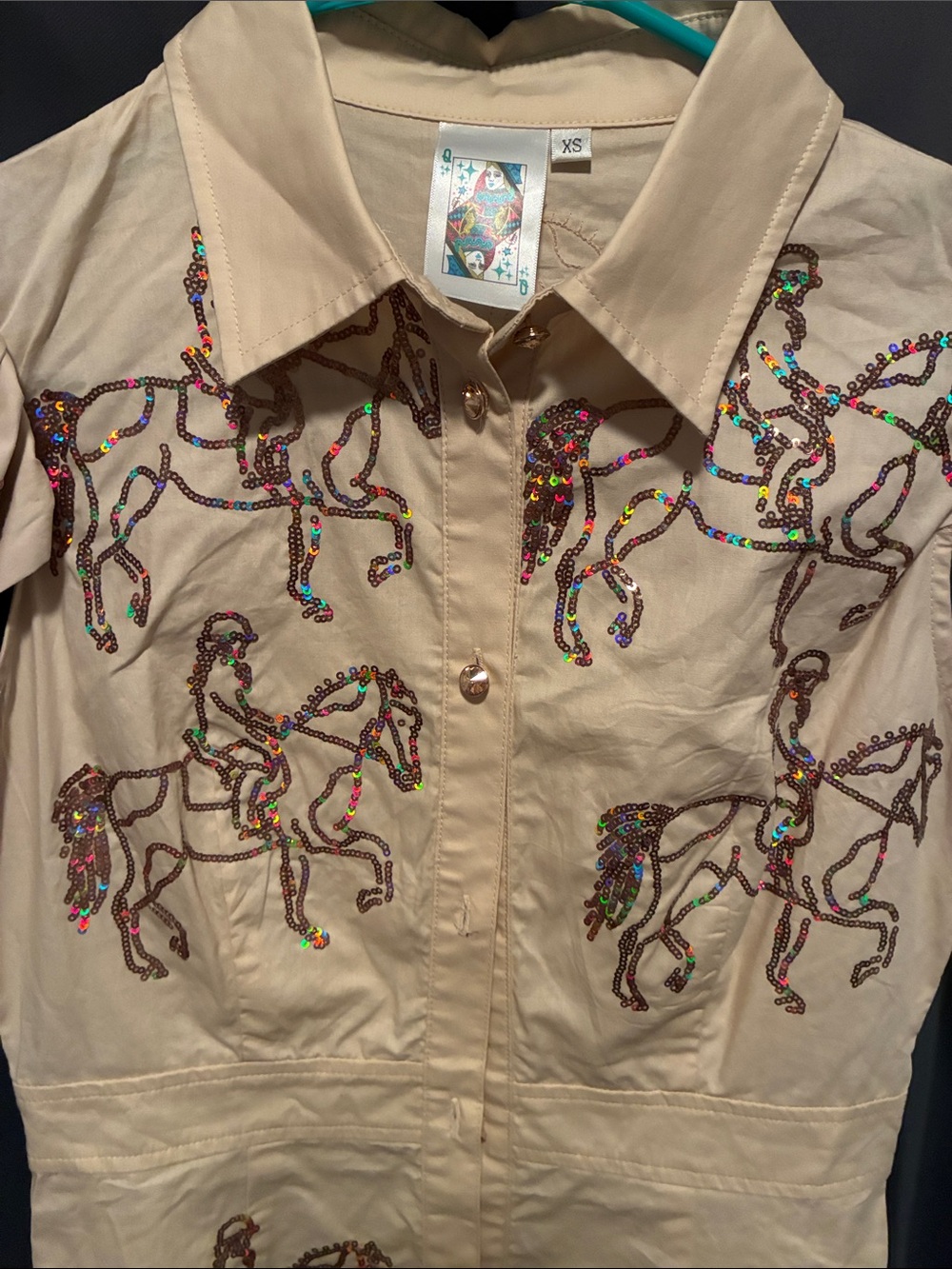 Beaded Equestrian Embroidered Tan Shirt Dress - Picture 2 of 5